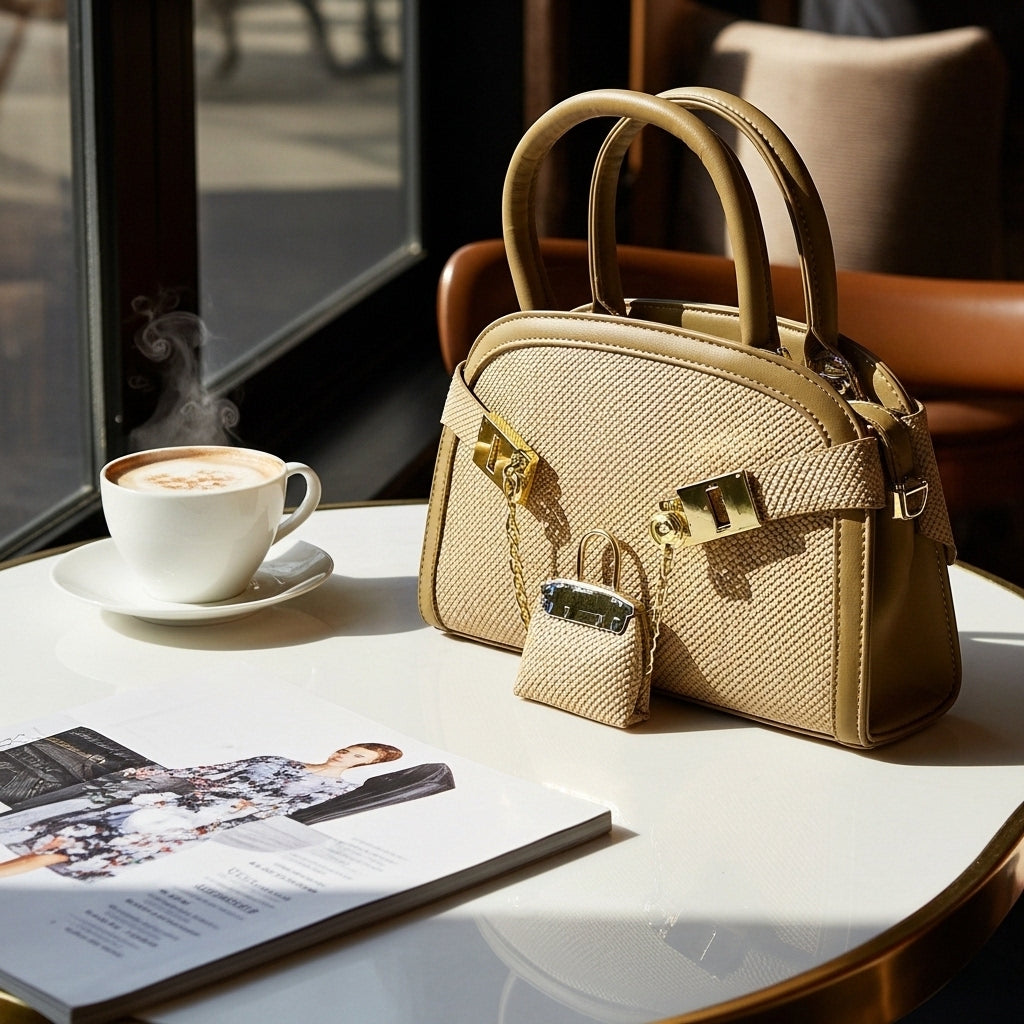 Sorrento Woven Dome Satchel – Natural Straw & Taupe