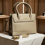 Chic Textured Beige Satchel Bag – Minimalist Women’s Top-Handle Purse with Gold Hardware