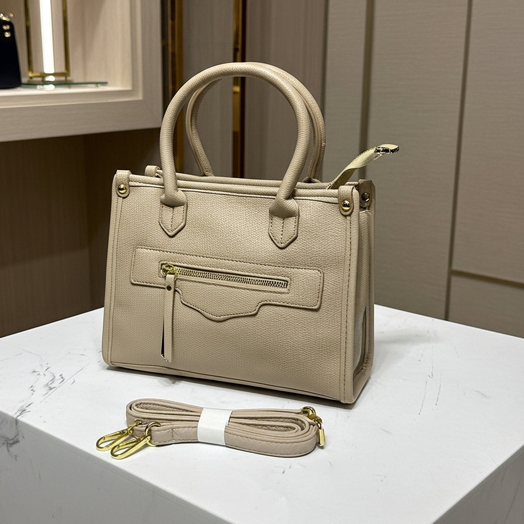 Classic Beige Structured Satchel – Women's Medium Shoulder Bag with Gold Hardware Accents