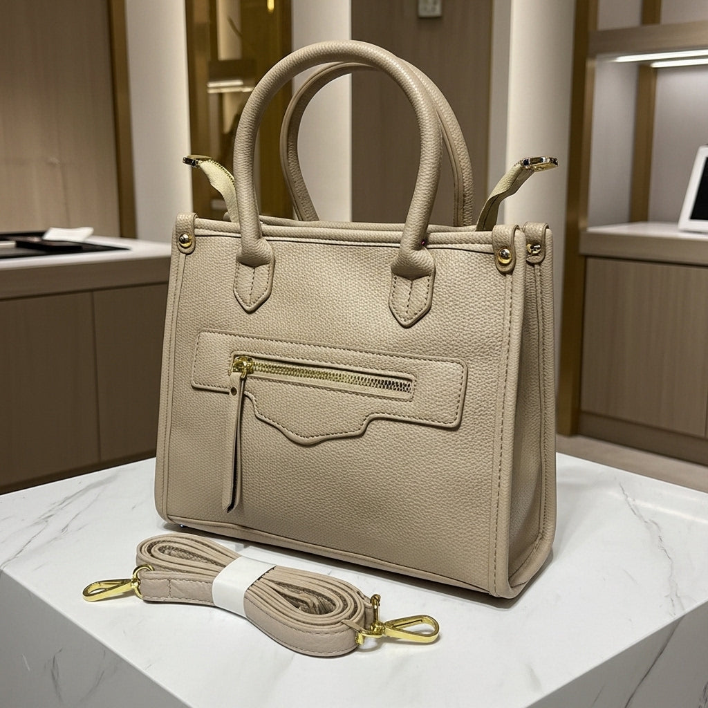 Classic Beige Structured Satchel – Women's Medium Shoulder Bag with Gold Hardware Accents