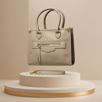 Classic Beige Structured Satchel – Women's Medium Shoulder Bag with Gold Hardware Accents