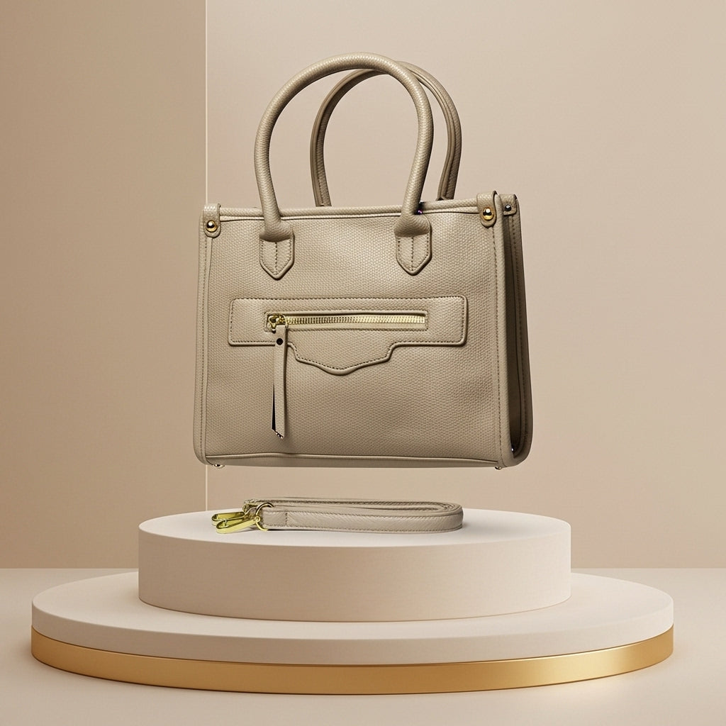 Classic Beige Structured Satchel – Women's Medium Shoulder Bag with Gold Hardware Accents