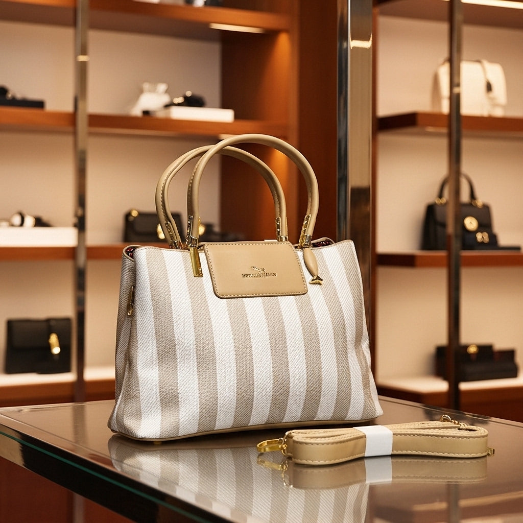 Aura Striped Structured Tote – Classic Beige & Cream