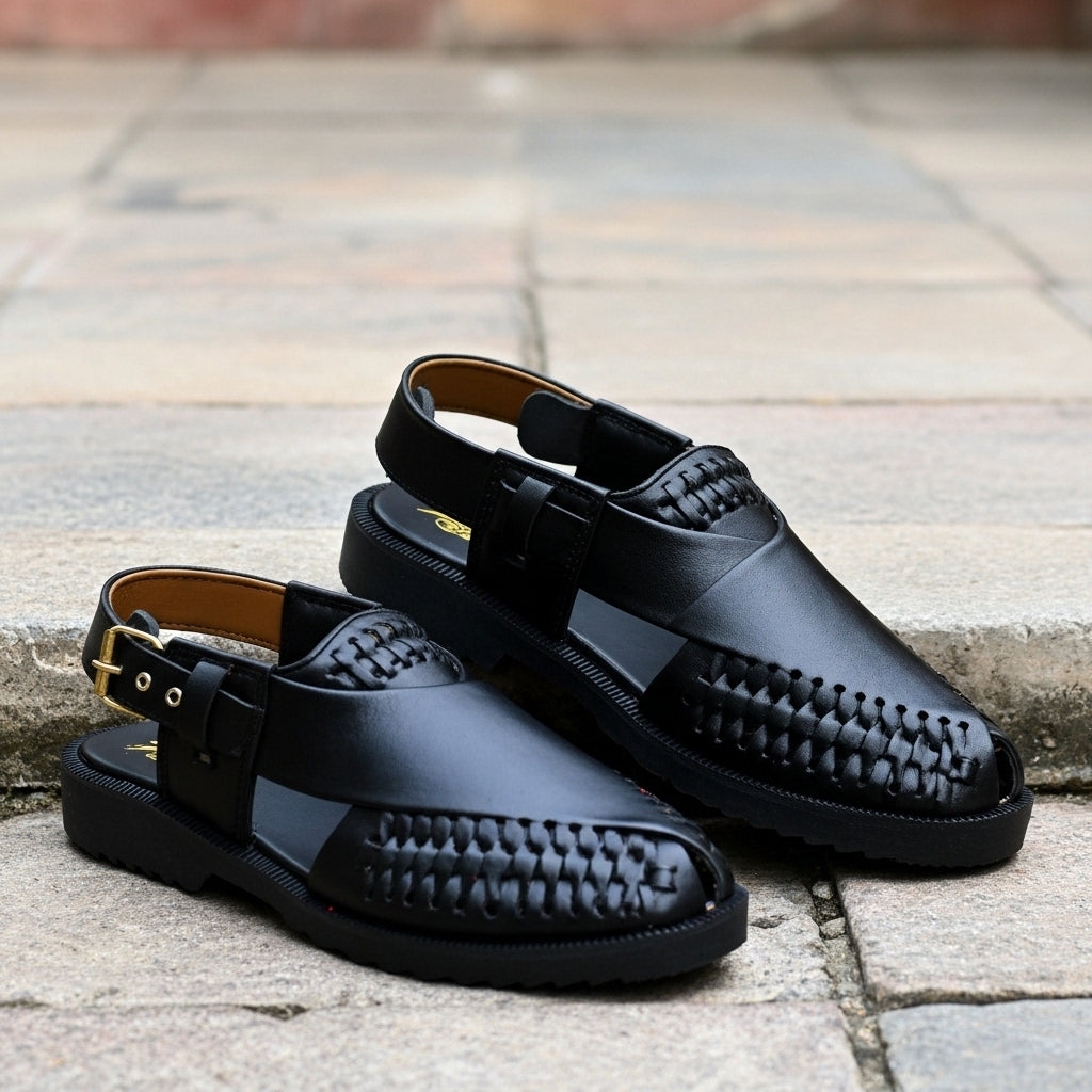 Hand Braided Premium Black Peshawari Sandal