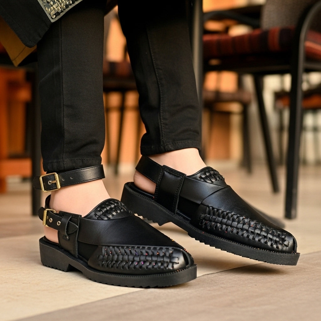 Hand Braided Premium Black Peshawari Sandal