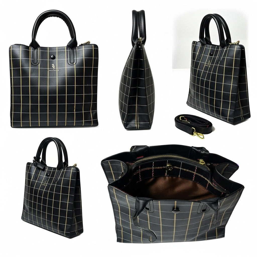 Chic Black Windowpane Satchel Purse – Structured Square Carryall Tote Bag for Women
