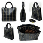 Chic Black Windowpane Satchel Purse – Structured Square Carryall Tote Bag for Women