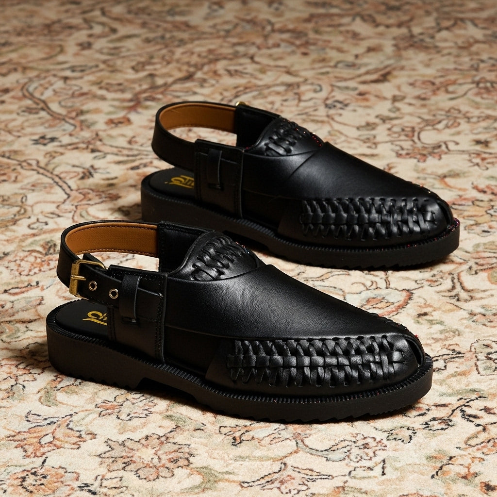 Hand Braided Premium Black Peshawari Sandal