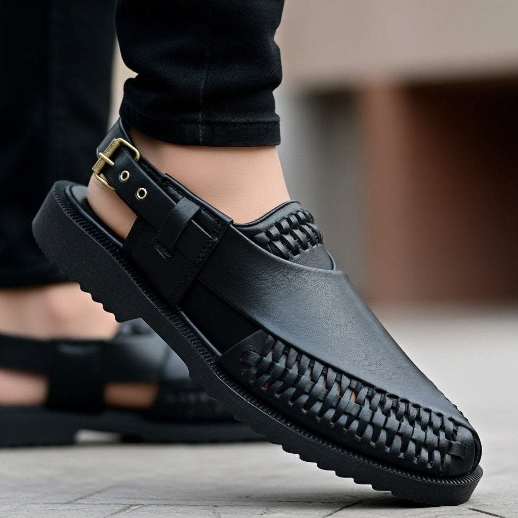 Hand Braided Premium Black Peshawari Sandal