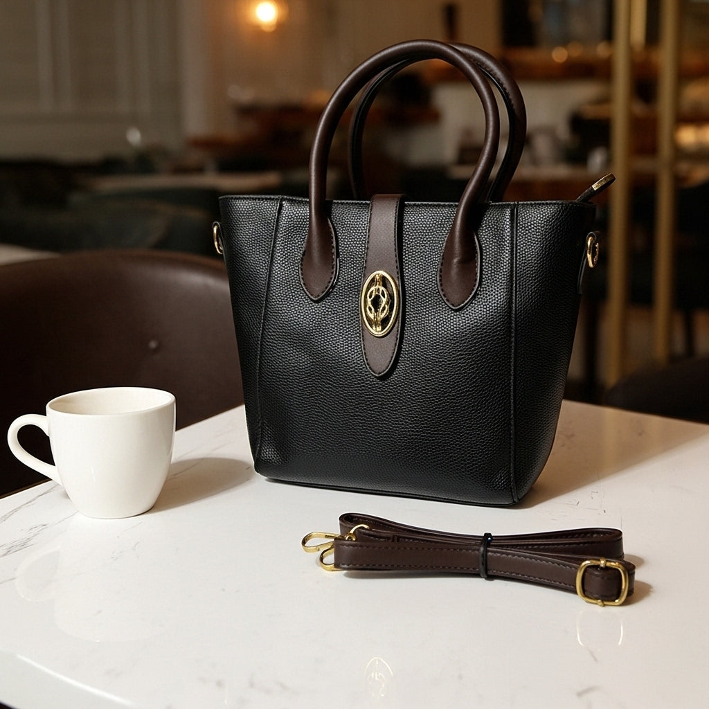 Chic Black & Brown Satchel Bag – Premium Textured Designer Tote with Gold Emblem Accent