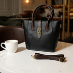 Chic Black & Brown Satchel Bag – Premium Textured Designer Tote with Gold Emblem Accent