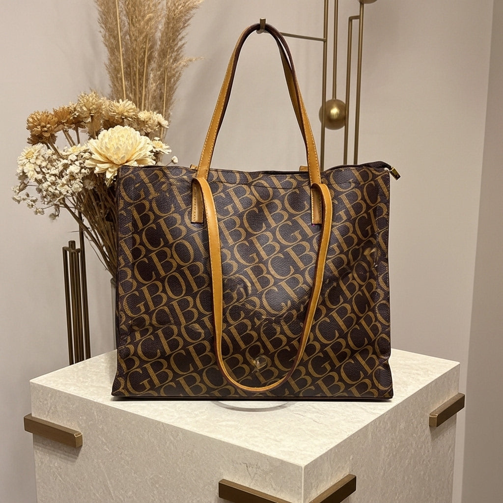 Luxury Monogram Print Tote Handbag – Large Brown Shoulder Bag with Tan Straps