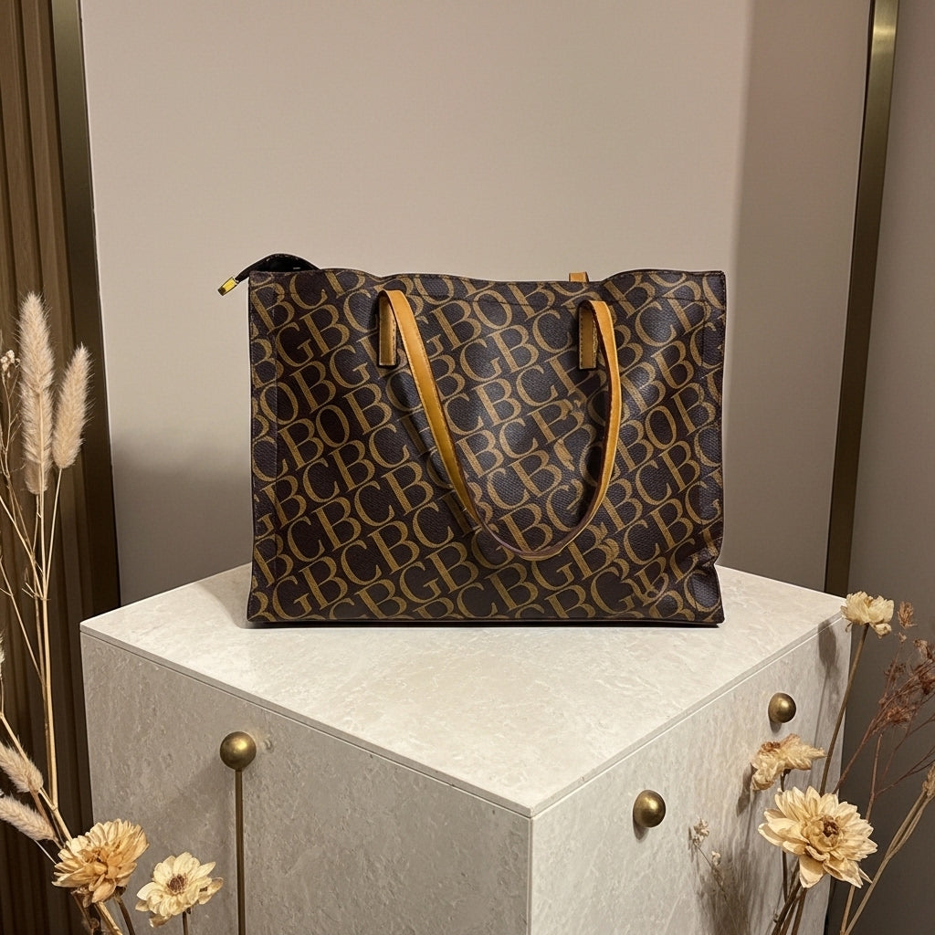 Luxury Monogram Print Tote Handbag – Large Brown Shoulder Bag with Tan Straps