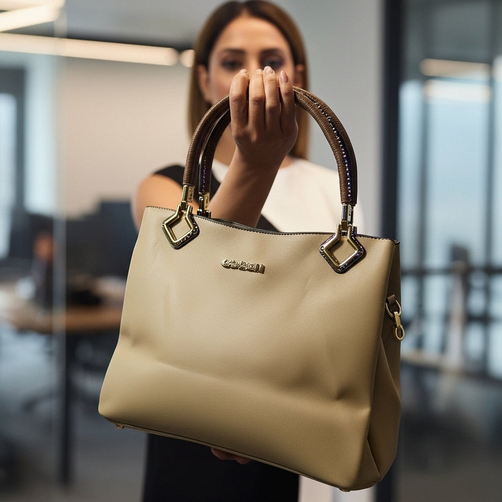 Monceau Structured Top-Handle Tote – Minimalist Beige & Espresso