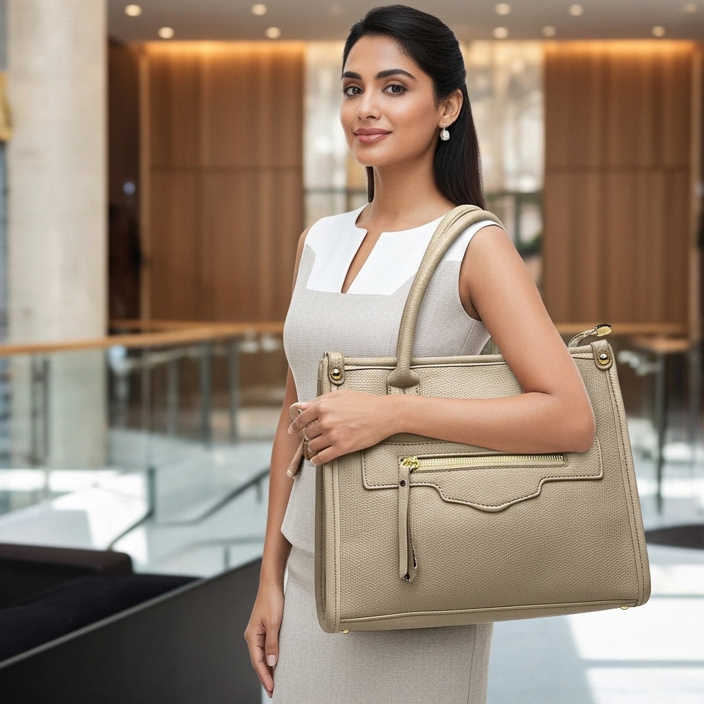 Classic Beige Structured Satchel – Women's Medium Shoulder Bag with Gold Hardware Accents
