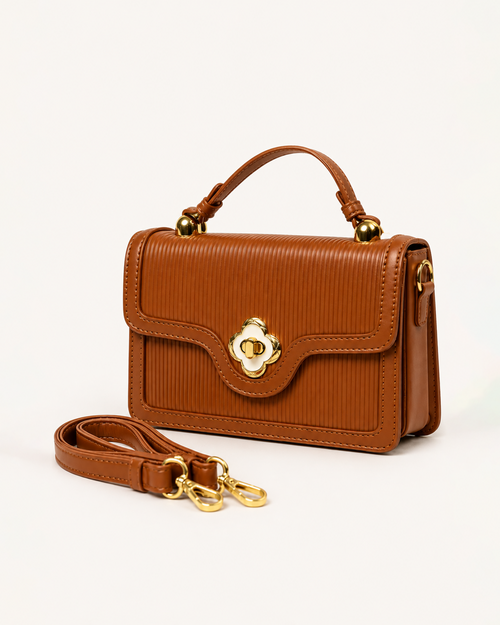 Cognac Pleated Flap Purse
