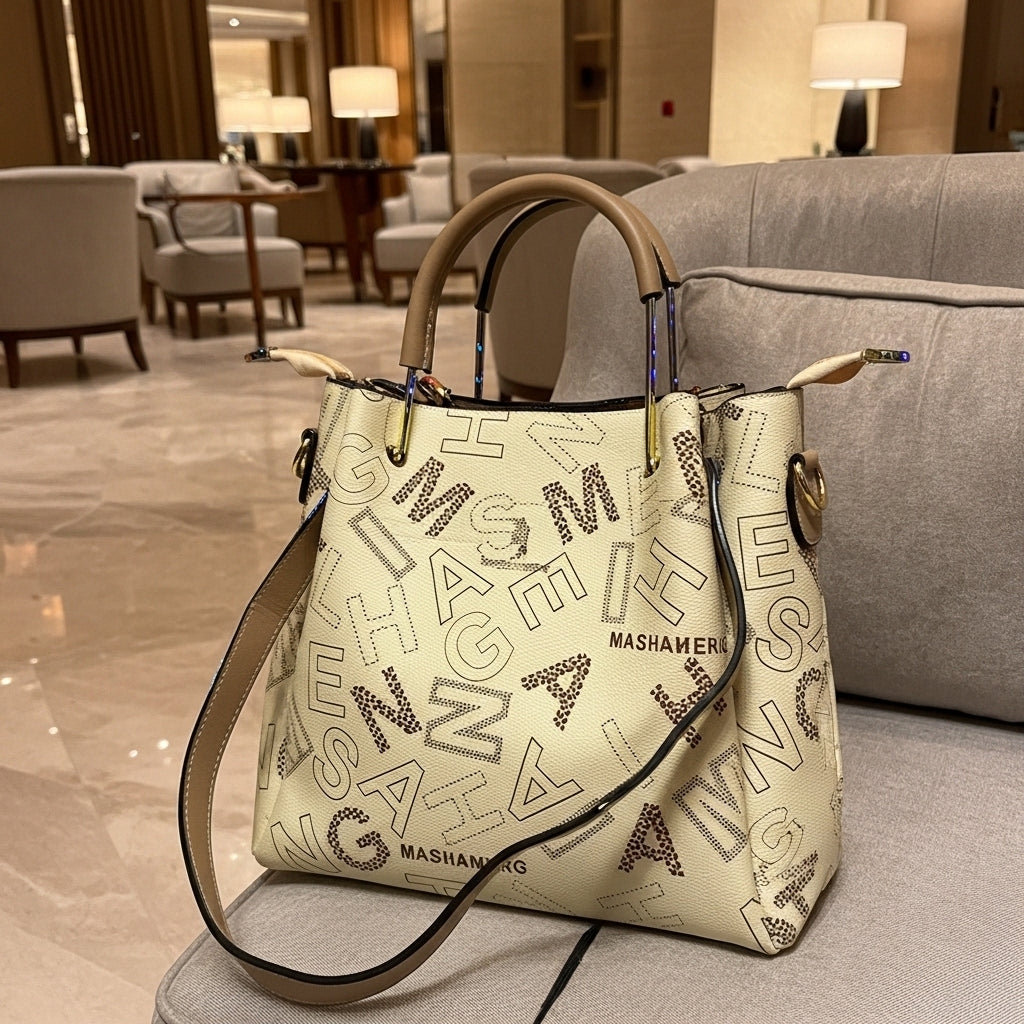 Chic Typography Print Satchel – Cream & Tan Women’s Shoulder Bag with Metallic Accents