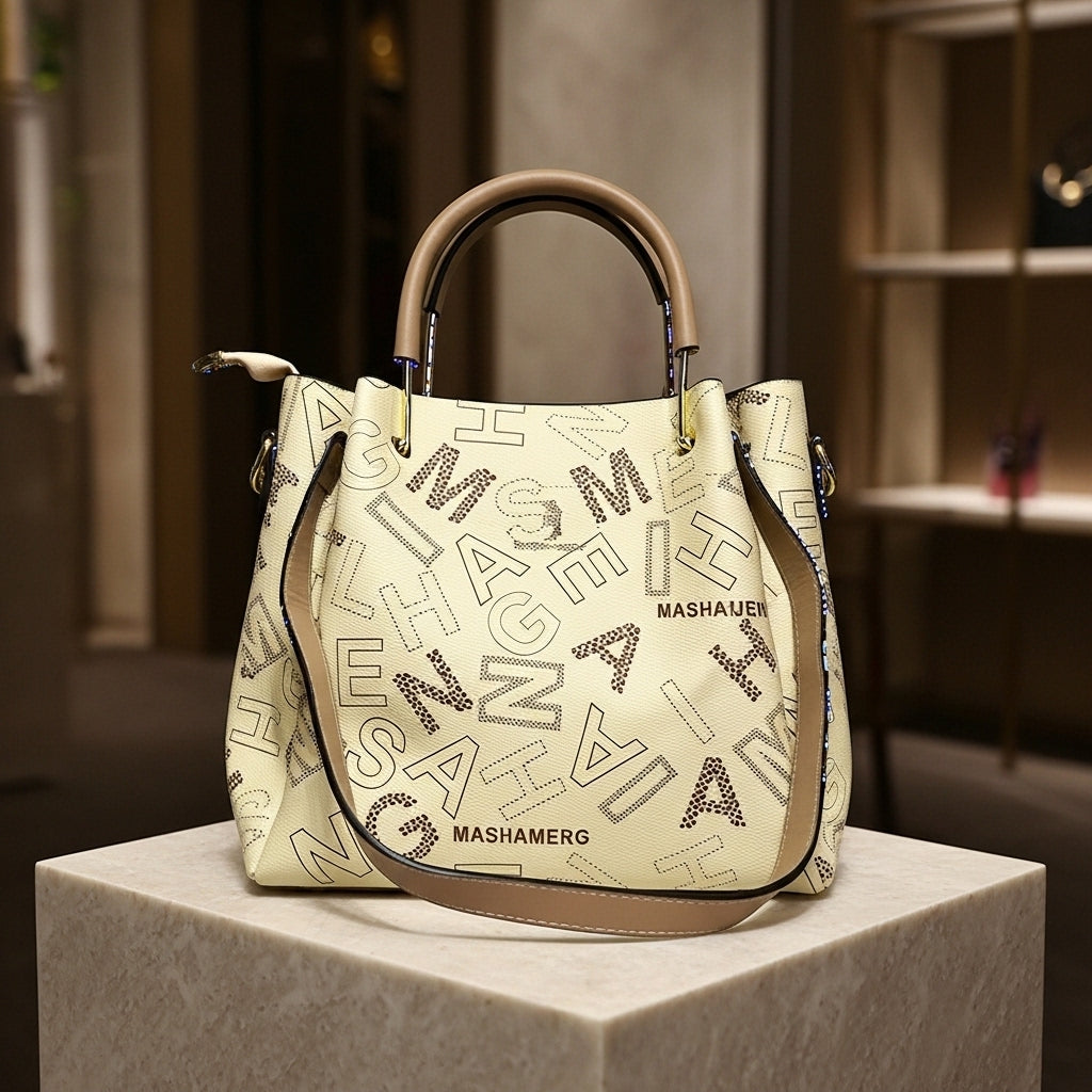 Chic Typography Print Satchel – Cream & Tan Women’s Shoulder Bag with Metallic Accents
