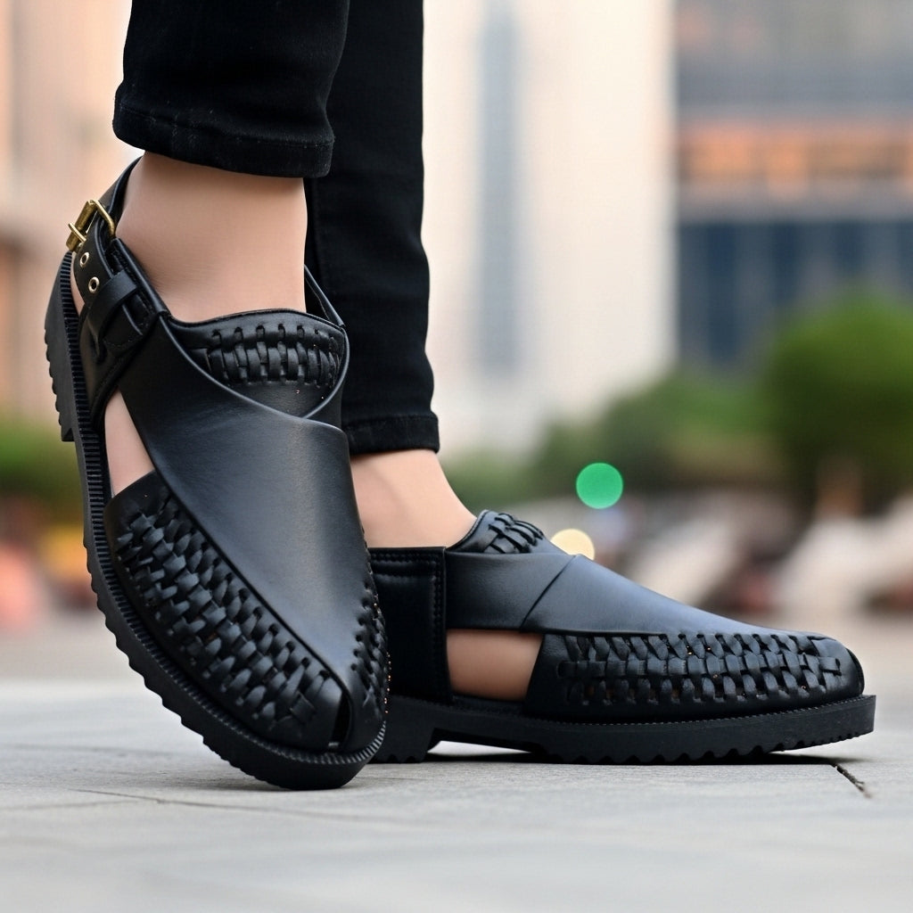 Hand Braided Premium Black Peshawari Sandal