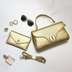 Glamorous Gold Evening Satchel Bag – Statement Croc-Effect Purse with Matching Clutch Wallet for Weddings & Parties