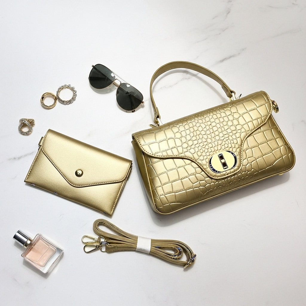 Glamorous Gold Evening Satchel Bag – Statement Croc-Effect Purse with Matching Clutch Wallet for Weddings & Parties