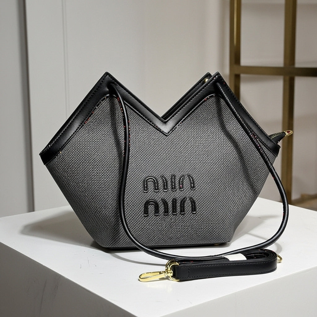 Chic Textured Grey Satchel – Modern V-Cut Women's Designer-Inspired Tote with Embroidered Accent