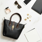 Chic Black & Brown Satchel Bag – Premium Textured Designer Tote with Gold Emblem Accent