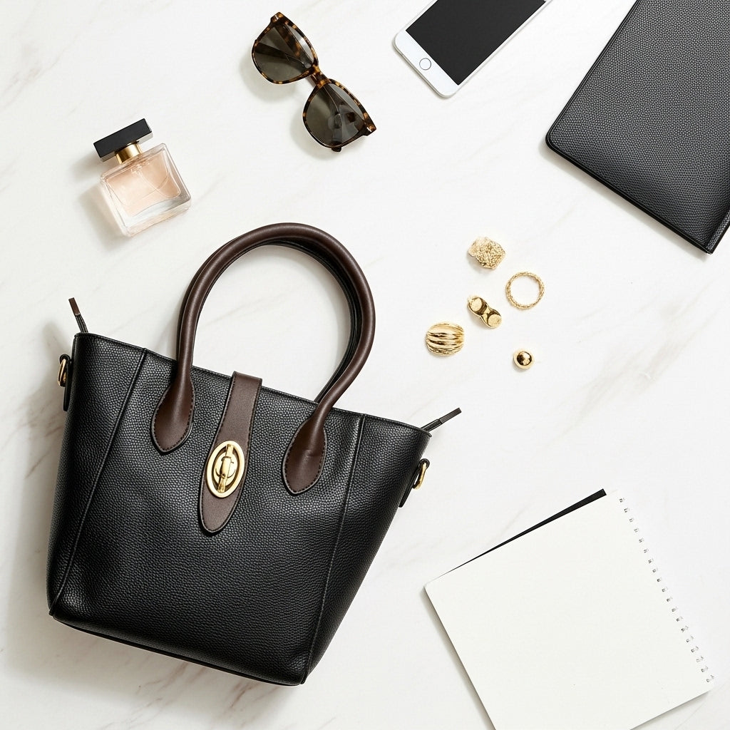 Chic Black & Brown Satchel Bag – Premium Textured Designer Tote with Gold Emblem Accent