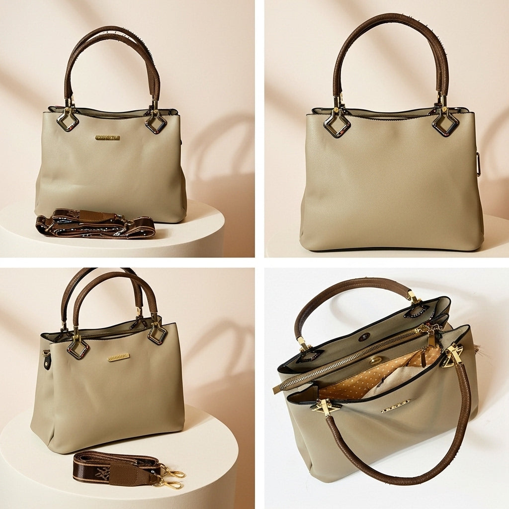 Monceau Structured Top-Handle Tote – Minimalist Beige & Espresso
