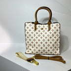 Chic White Floral Monogram Tote – Women’s Structured Shoulder Handbag with Tan Leather Handles