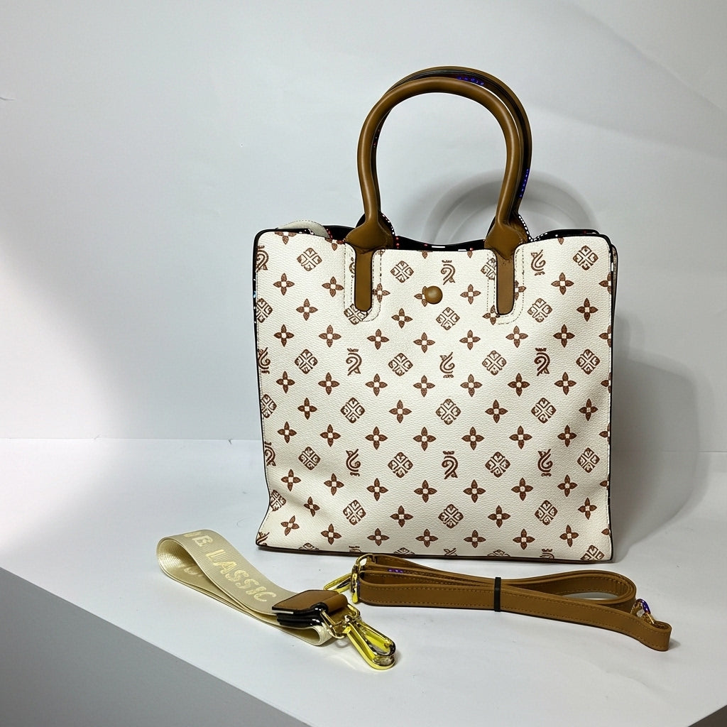 Chic White Floral Monogram Tote – Women’s Structured Shoulder Handbag with Tan Leather Handles