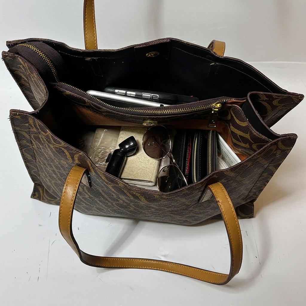 Luxury Monogram Print Tote Handbag – Large Brown Shoulder Bag with Tan Straps
