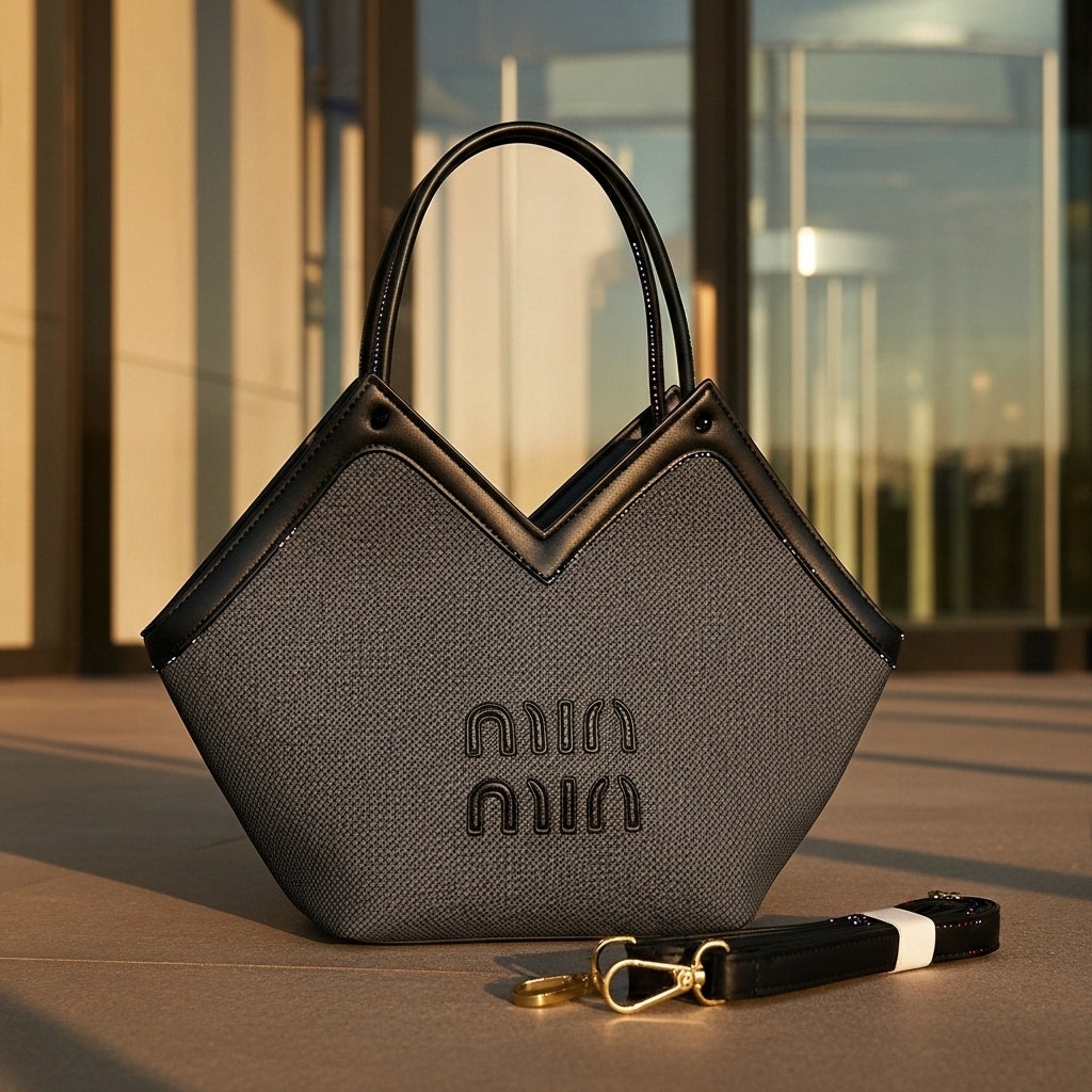 Chic Textured Grey Satchel – Modern V-Cut Women's Designer-Inspired Tote with Embroidered Accent