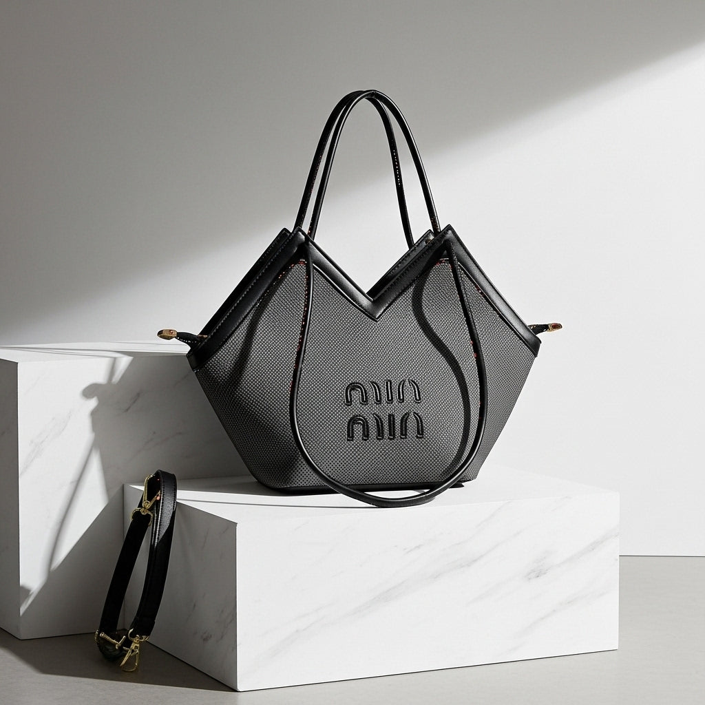 Chic Textured Grey Satchel – Modern V-Cut Women's Designer-Inspired Tote with Embroidered Accent