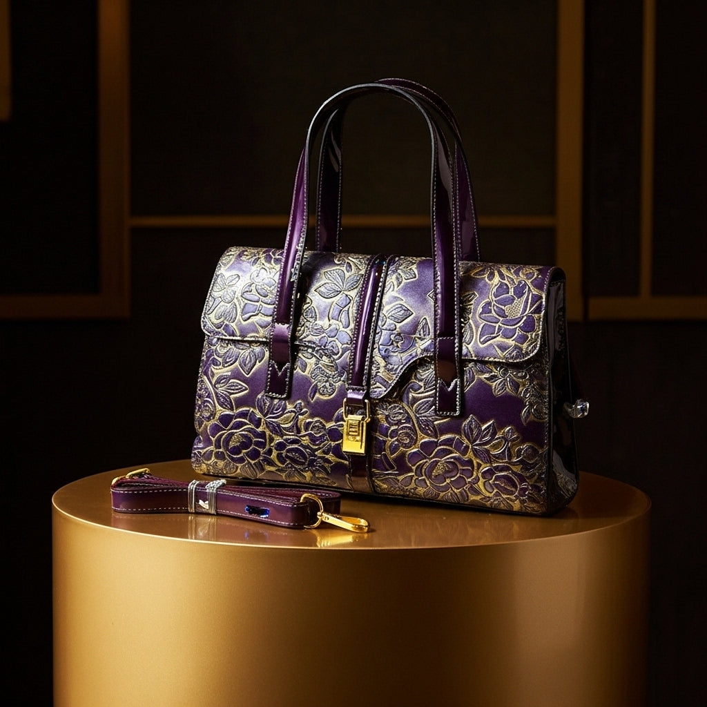 Florentine Embossed Satchel – Midnight Plum & Antique Gold