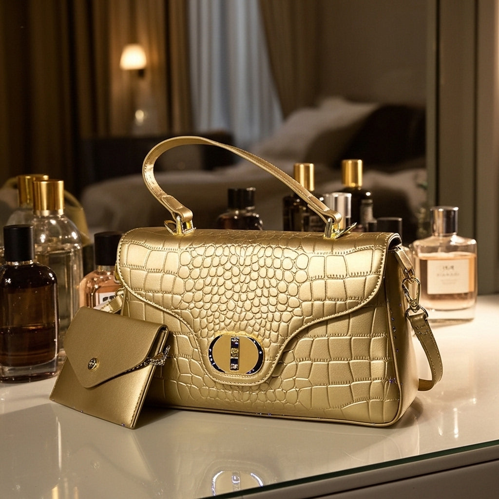 Glamorous Gold Evening Satchel Bag – Statement Croc-Effect Purse with Matching Clutch Wallet for Weddings & Parties