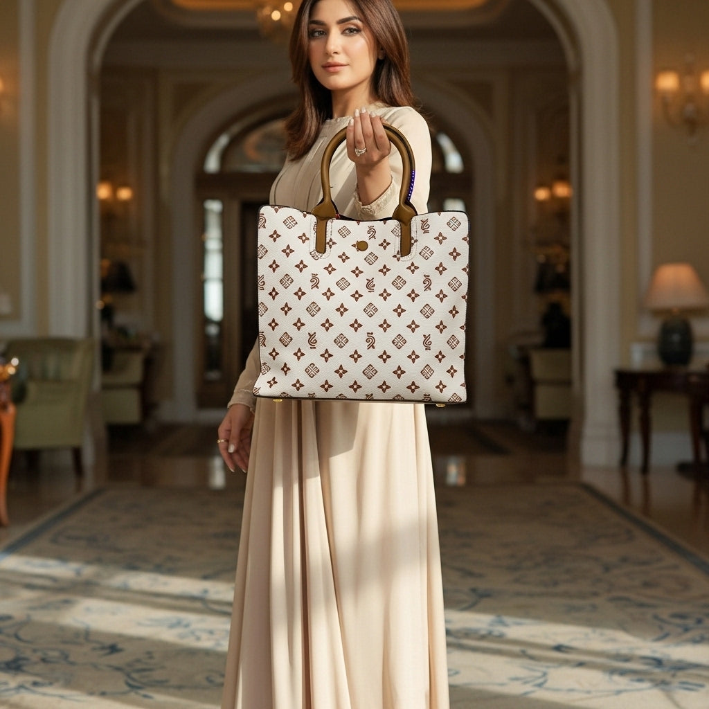 Chic White Floral Monogram Tote – Women’s Structured Shoulder Handbag with Tan Leather Handles