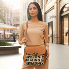 Women's Graphic Print Crossbody Bag – Two-Tone Brown Leather Shoulder Messenger with Matching Round Pouch