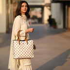 Chic White Floral Monogram Tote – Women’s Structured Shoulder Handbag with Tan Leather Handles
