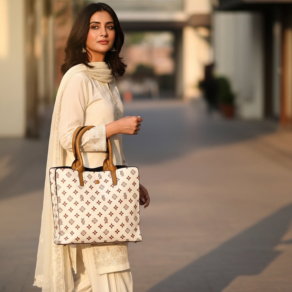 Chic White Floral Monogram Tote – Women’s Structured Shoulder Handbag with Tan Leather Handles