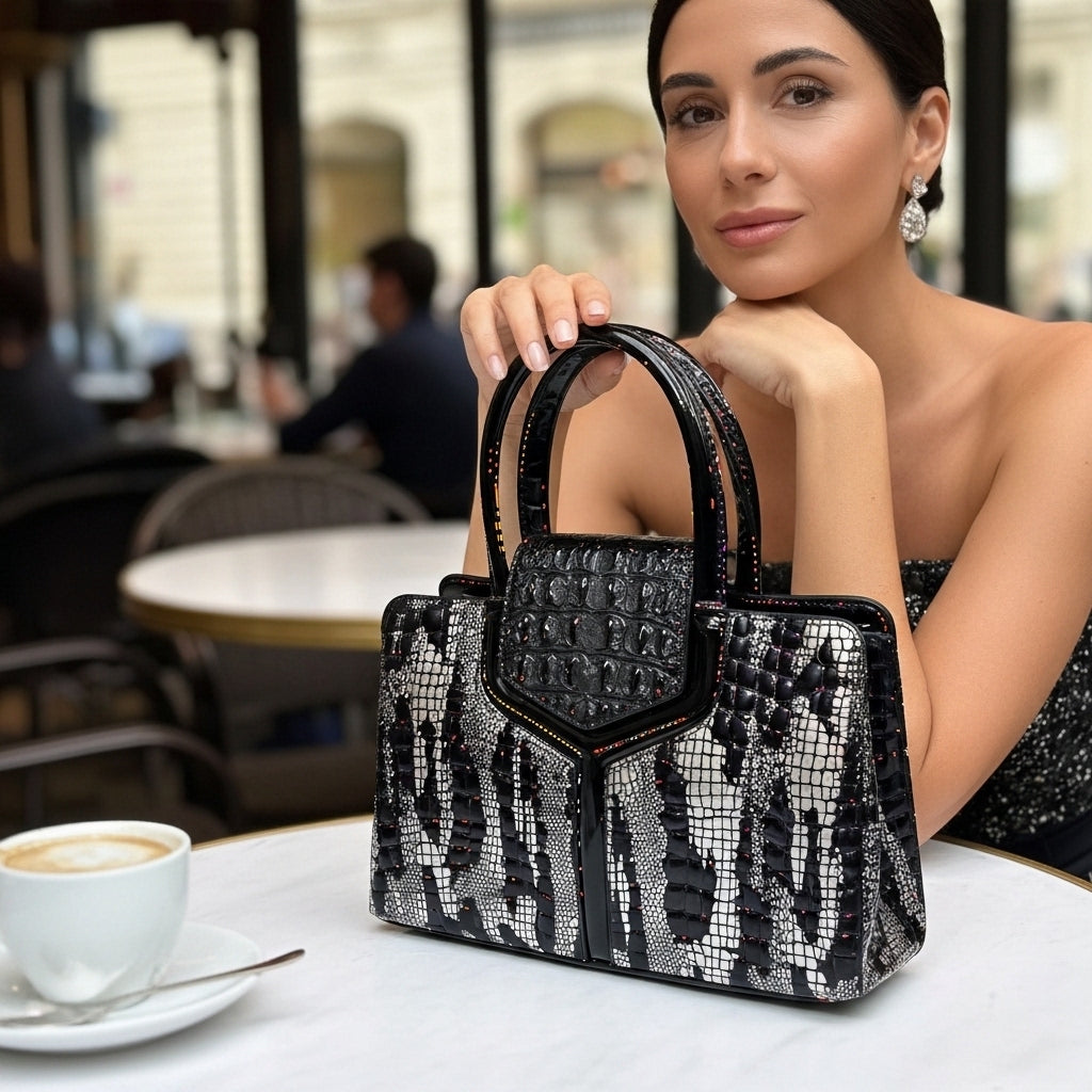 Exotic Faux-Crocodile Textured Handbag – Metallic Silver & Deep Purple Runway Satchel for Women