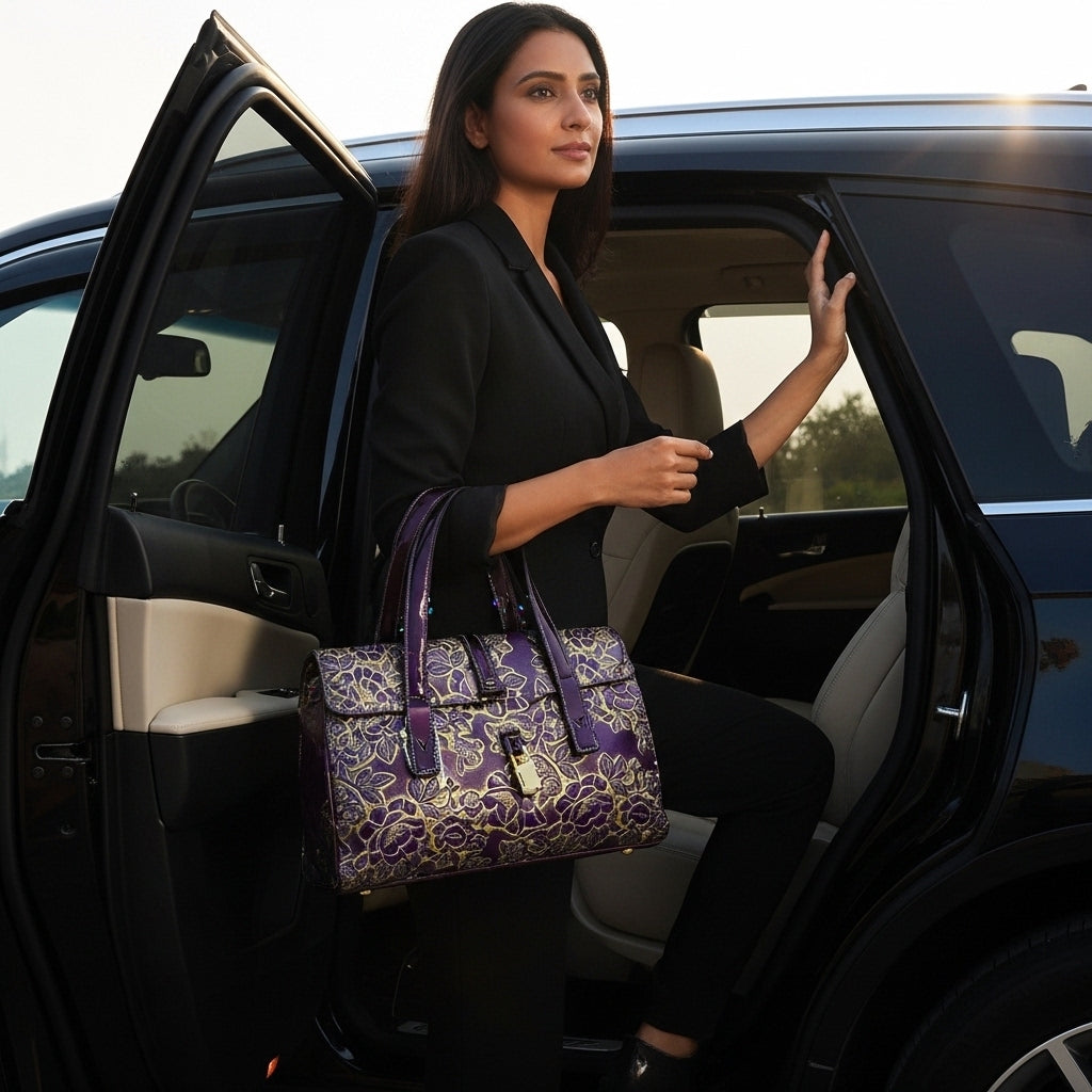Florentine Embossed Satchel – Midnight Plum & Antique Gold