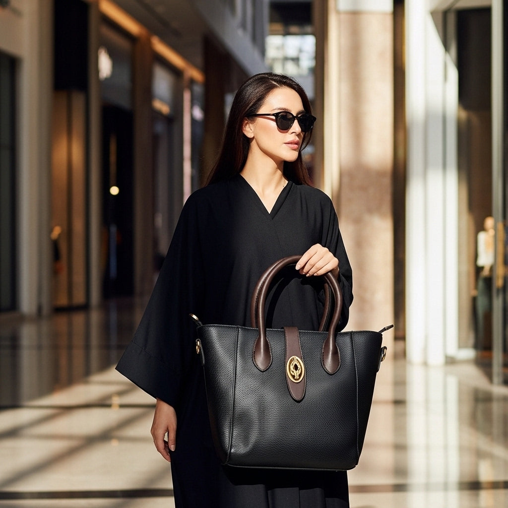 Chic Black & Brown Satchel Bag – Premium Textured Designer Tote with Gold Emblem Accent