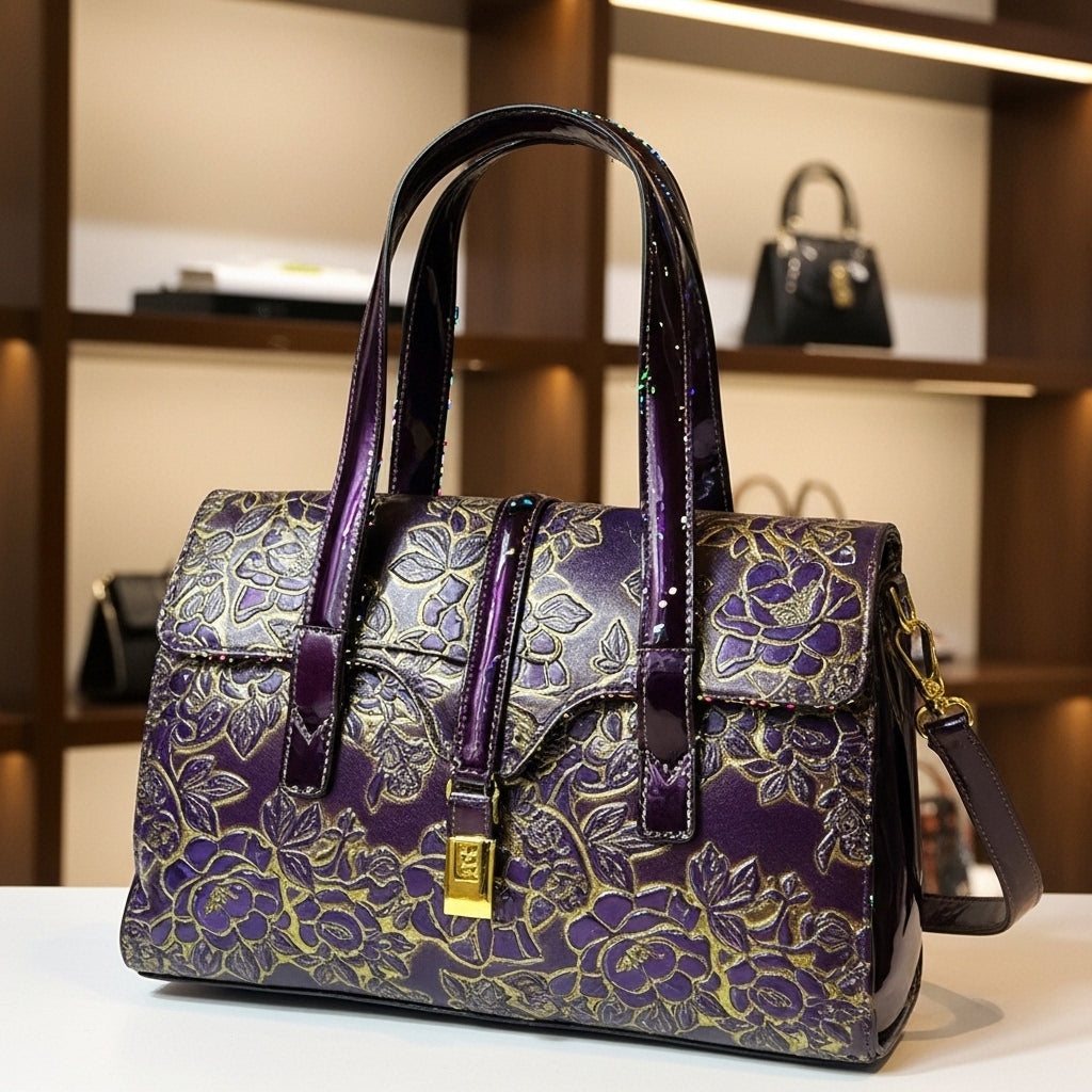 Florentine Embossed Satchel – Midnight Plum & Antique Gold