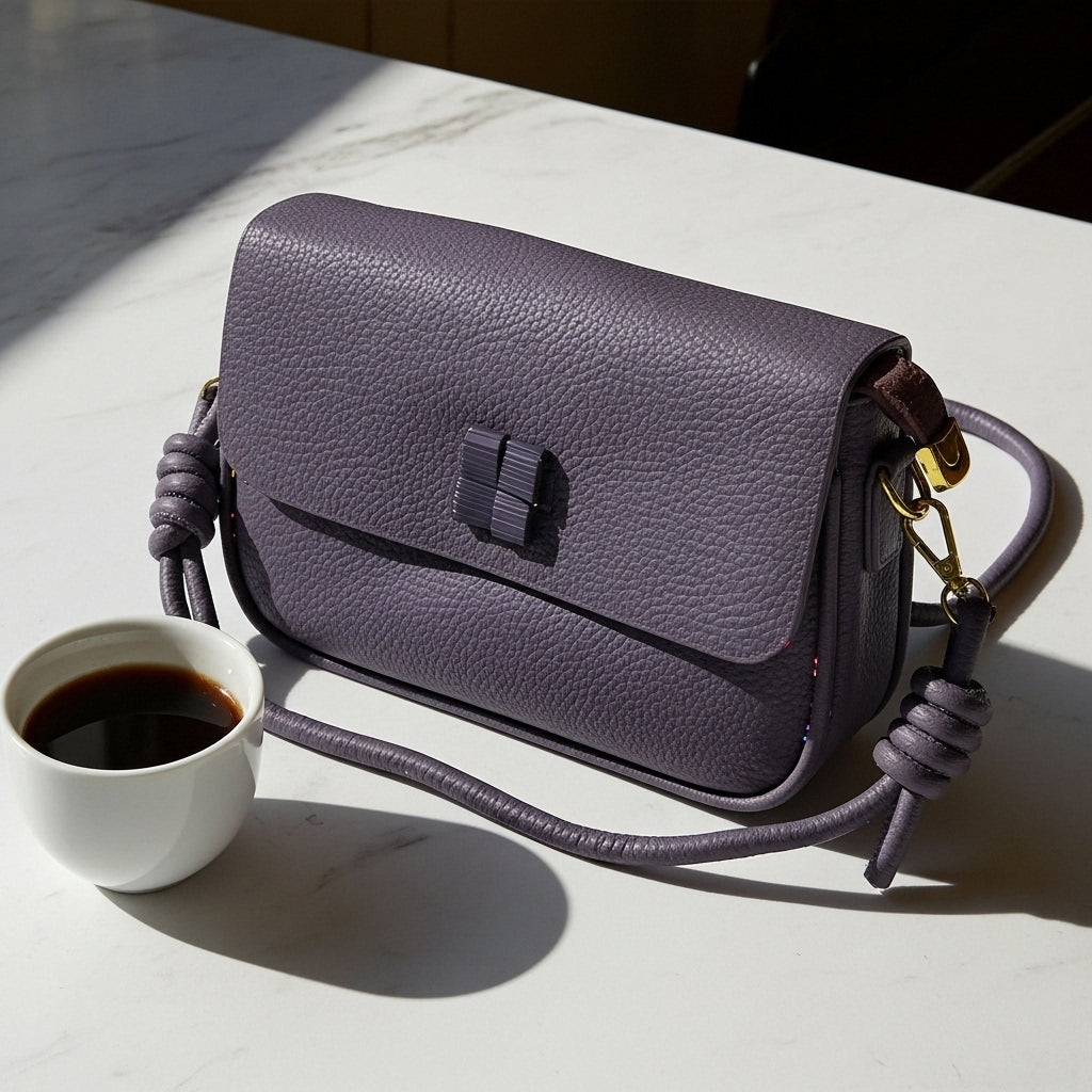Elegant Violet Textured Satchel Bag – Minimalist Women’s Small Crossbody Purse with Gold Hardware