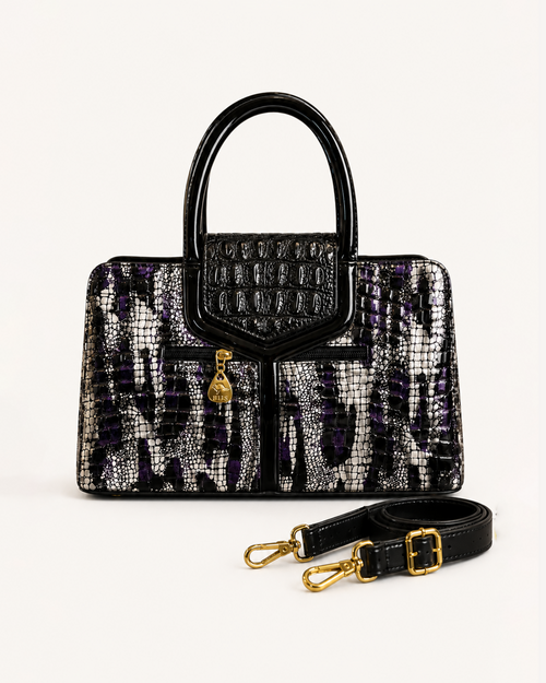 Serpentine Silver Croc Satchel