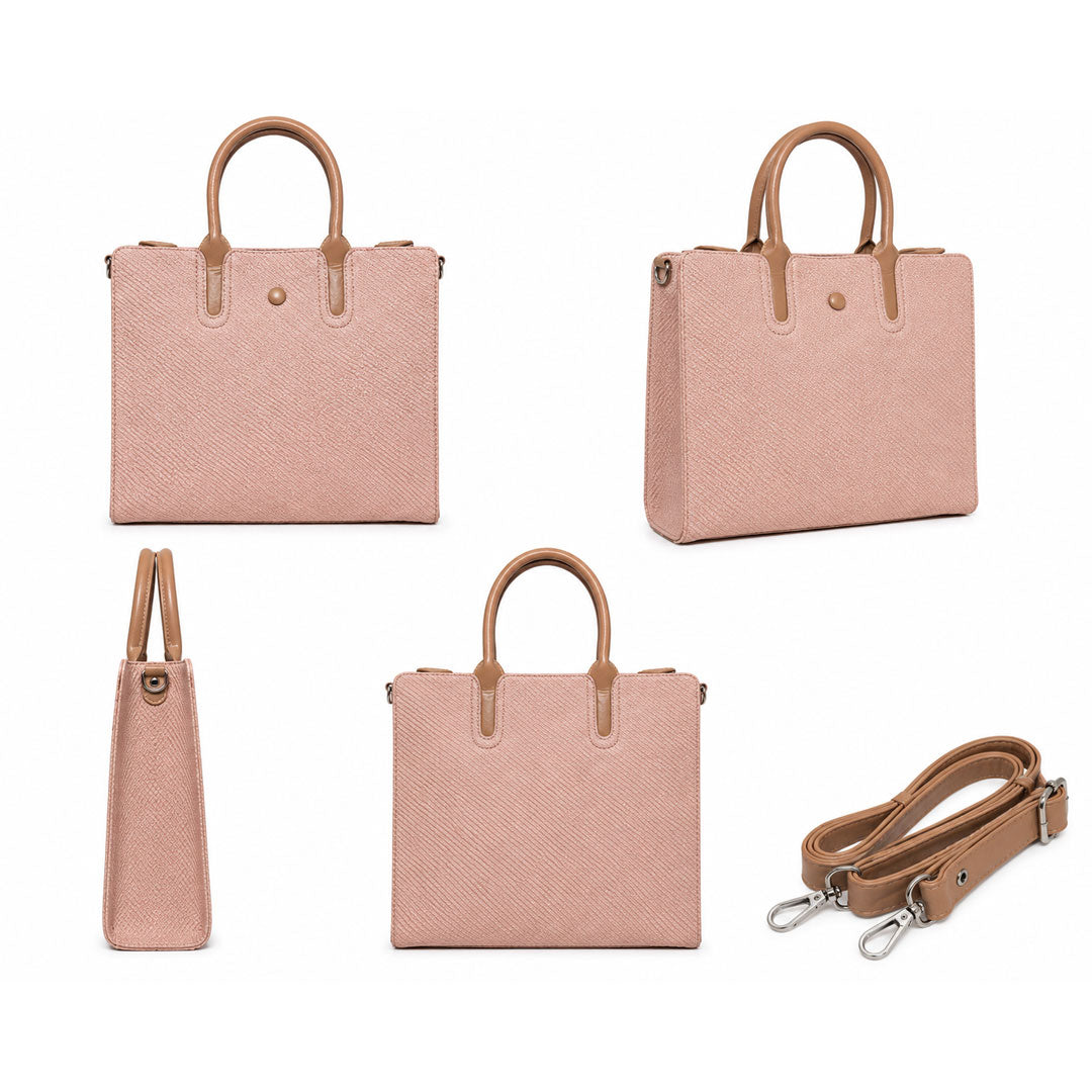 Chic Pastel Pink Woven-Look Satchel Purse – Structured Medium Carryall Bag with Contrasting Taupe Trim