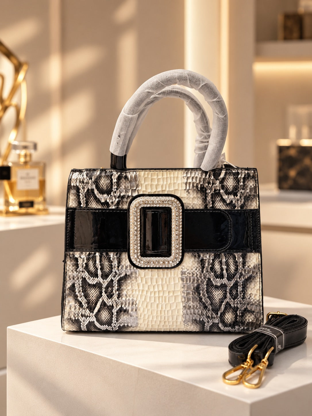 Luxury Black & Ivory Snakeskin Buckle Satchel