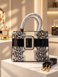 Luxury Black & Ivory Snakeskin Buckle Satchel
