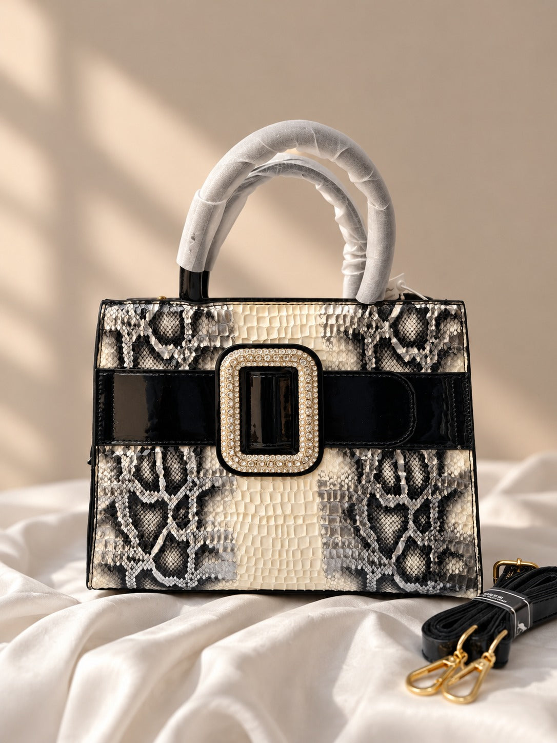 Luxury Black & Ivory Snakeskin Buckle Satchel